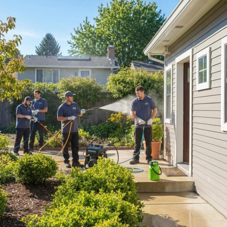 Professional exterior house cleaning team using pressure washer on a sunny day in Hayward