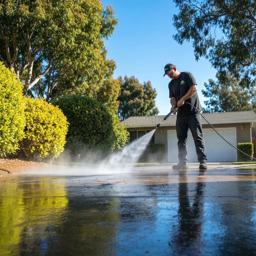 Maid4you technician pressure-washing a Hayward driveway to remove tough stains