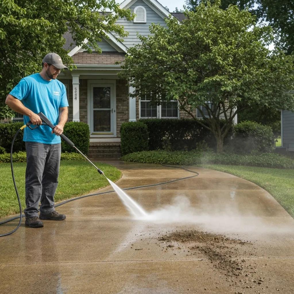 Technician pressure washing a residential driveway to restore exterior surfaces