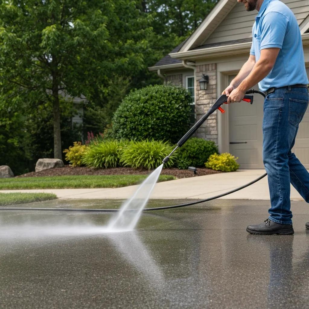 Technician pressure-washing a driveway with a clear before-and-after result