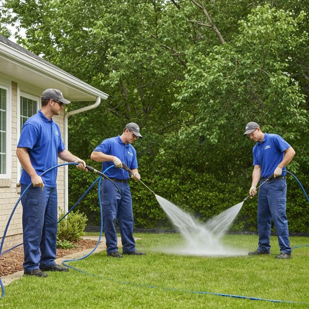 Eco-friendly pressure washing team protecting plants and using safe cleaning products
