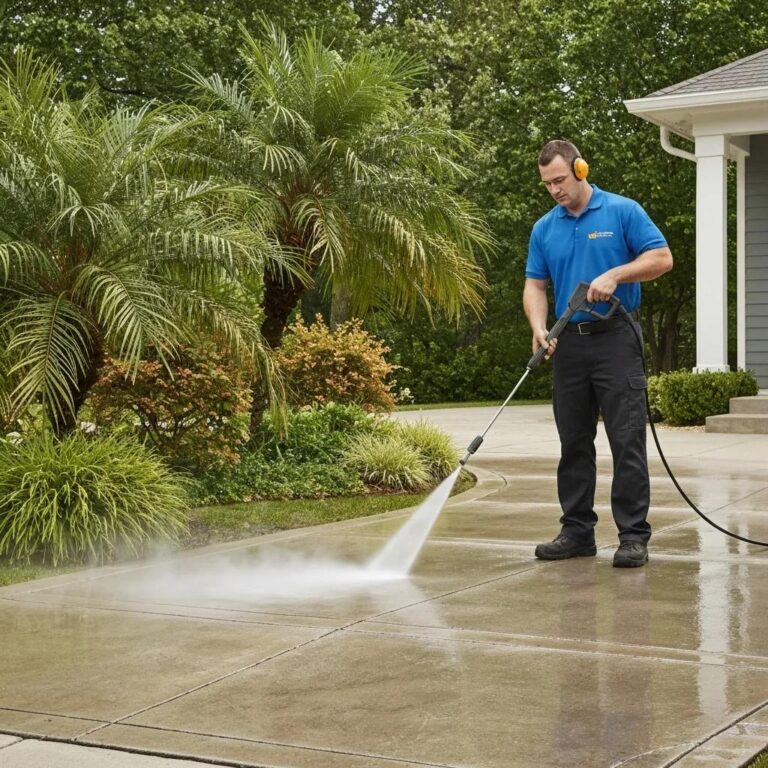 A Maid4You technician pressure washing a Hayward driveway, demonstrating professional cleaning