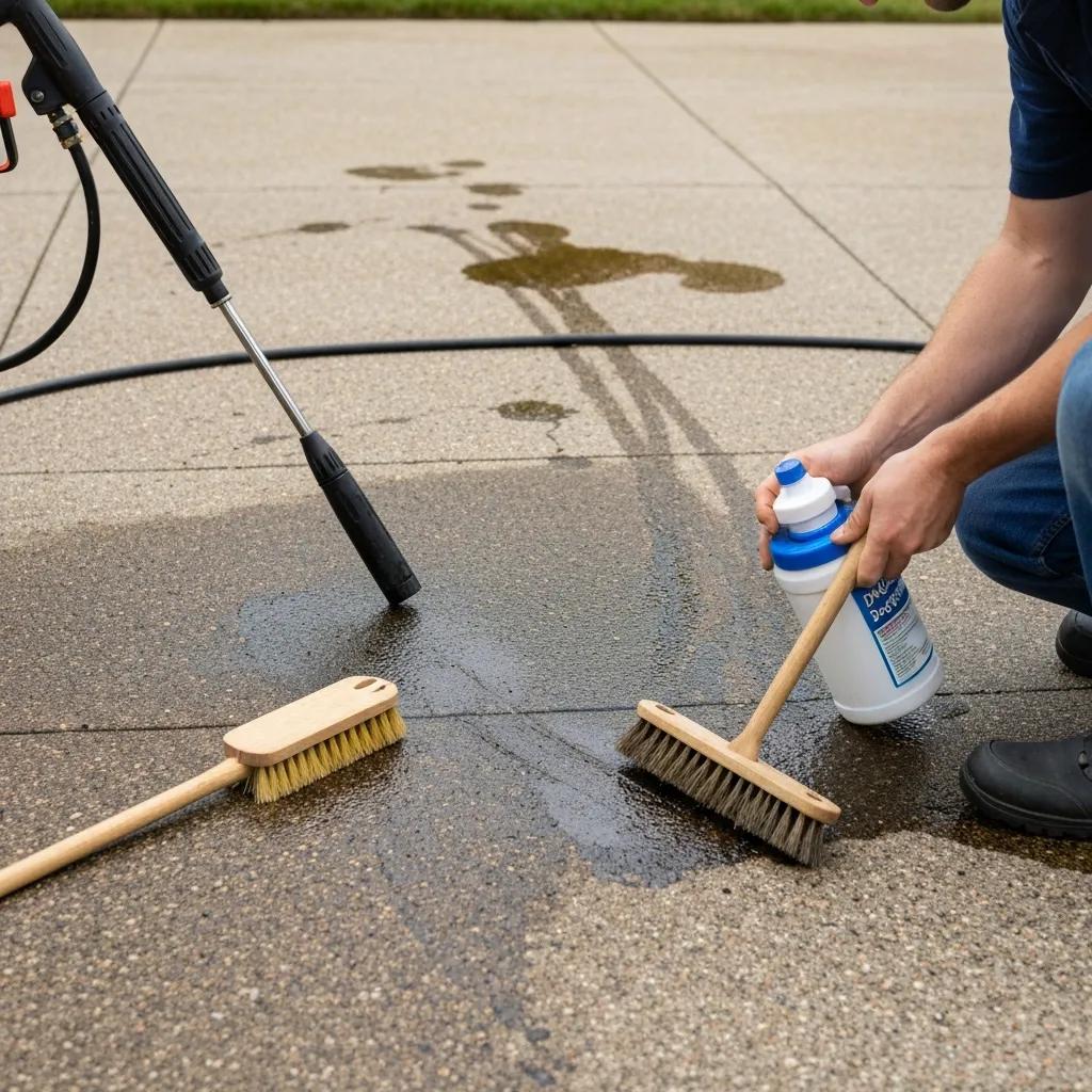 Applying a degreaser to an oil stain on a driveway as part of a step-by-step removal process