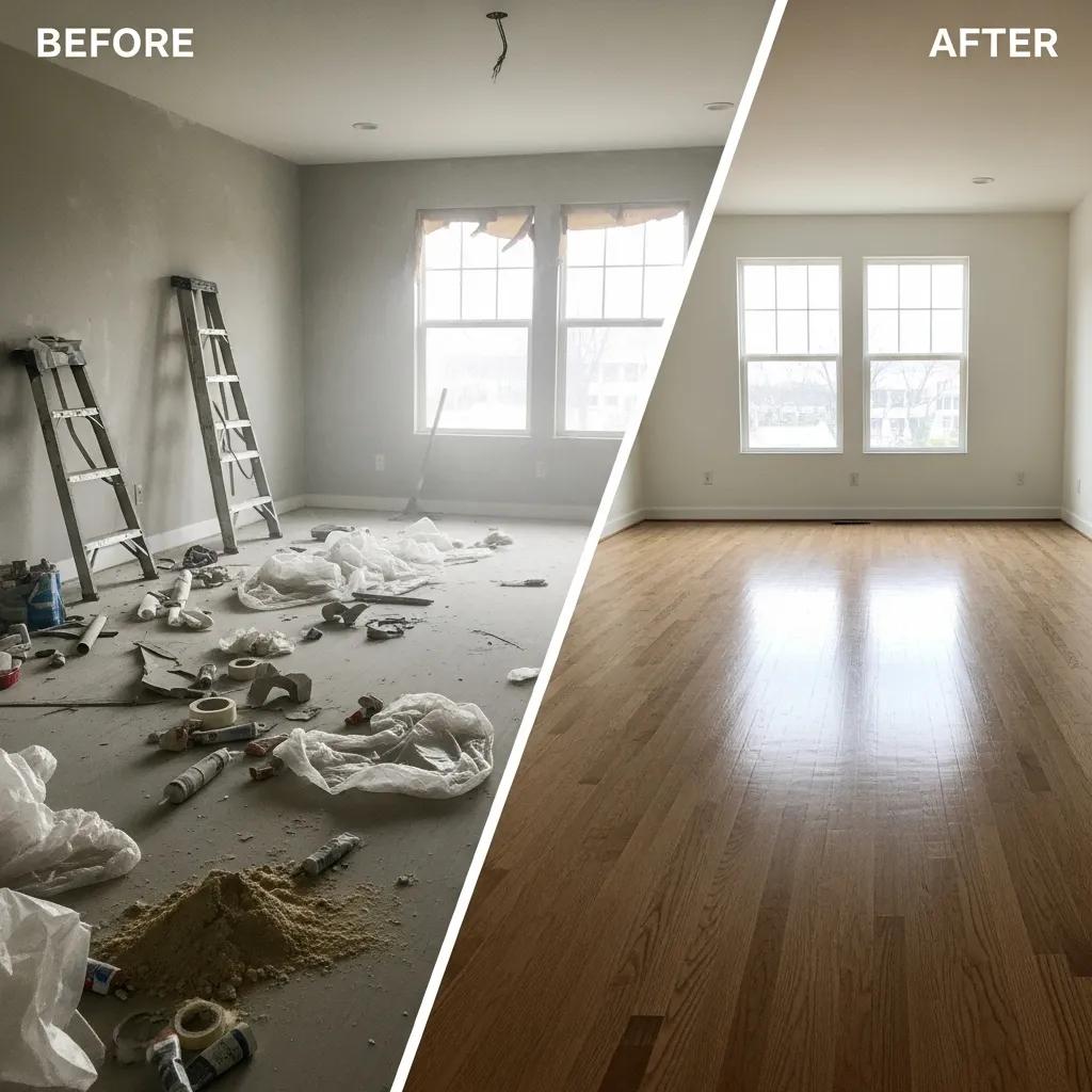 Before-and-after view showing a dusty construction space transformed into a clean, move-in ready room