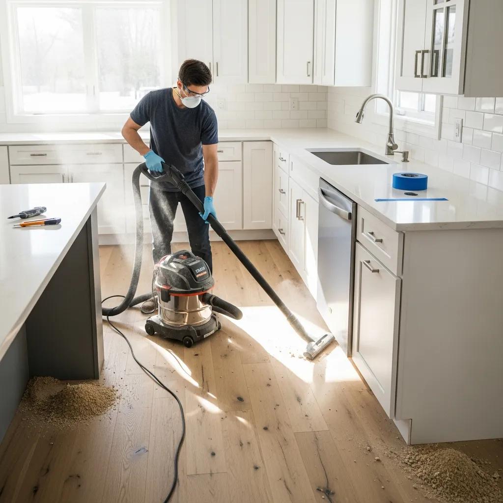 Technician using a HEPA vacuum in a renovated kitchen — post-construction detail work in progress