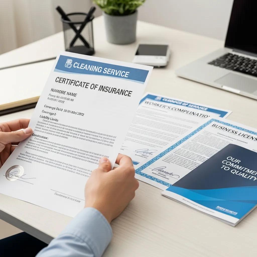 Stack of insurance certificates and credentials for a cleaning service, ready for verification