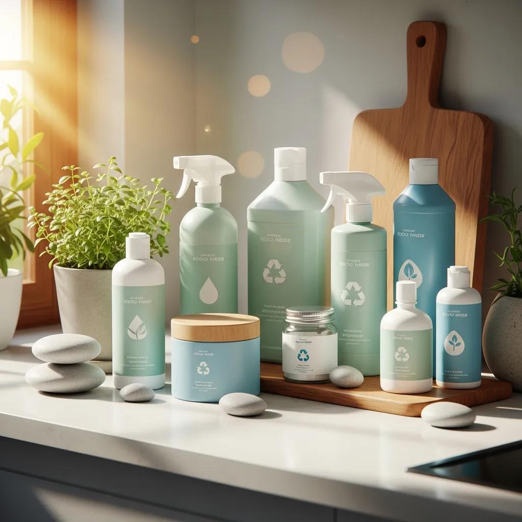 Biodegradable cleaning supplies and PPE on a countertop, emphasizing sustainable post-construction practices