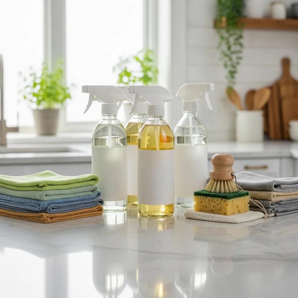 Eco-friendly, low‑VOC cleaning supplies arranged on a kitchen counter for post-construction work
