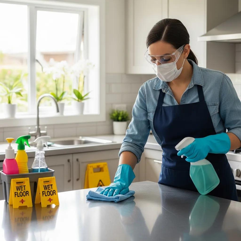 Licensed cleaner in PPE performing safe cleaning