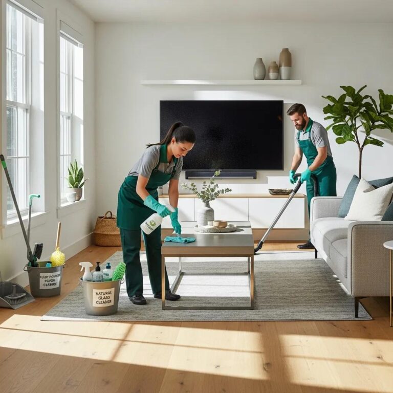 Modern home interior post-construction cleaning with professional team and eco-friendly products