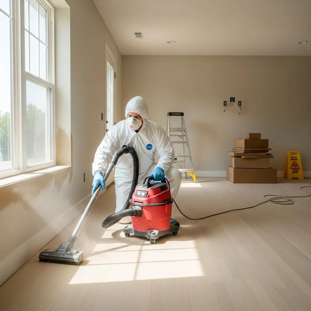 Cleaner using a HEPA vacuum during a post-construction clean to improve indoor air