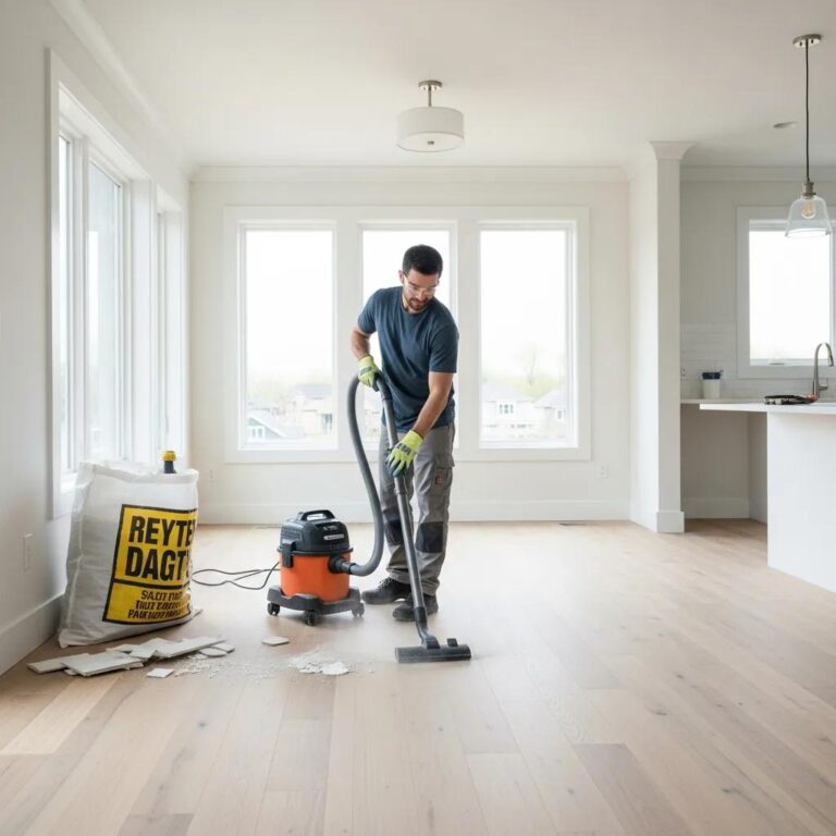 Professional cleaner using HEPA vacuum in a newly renovated interior space
