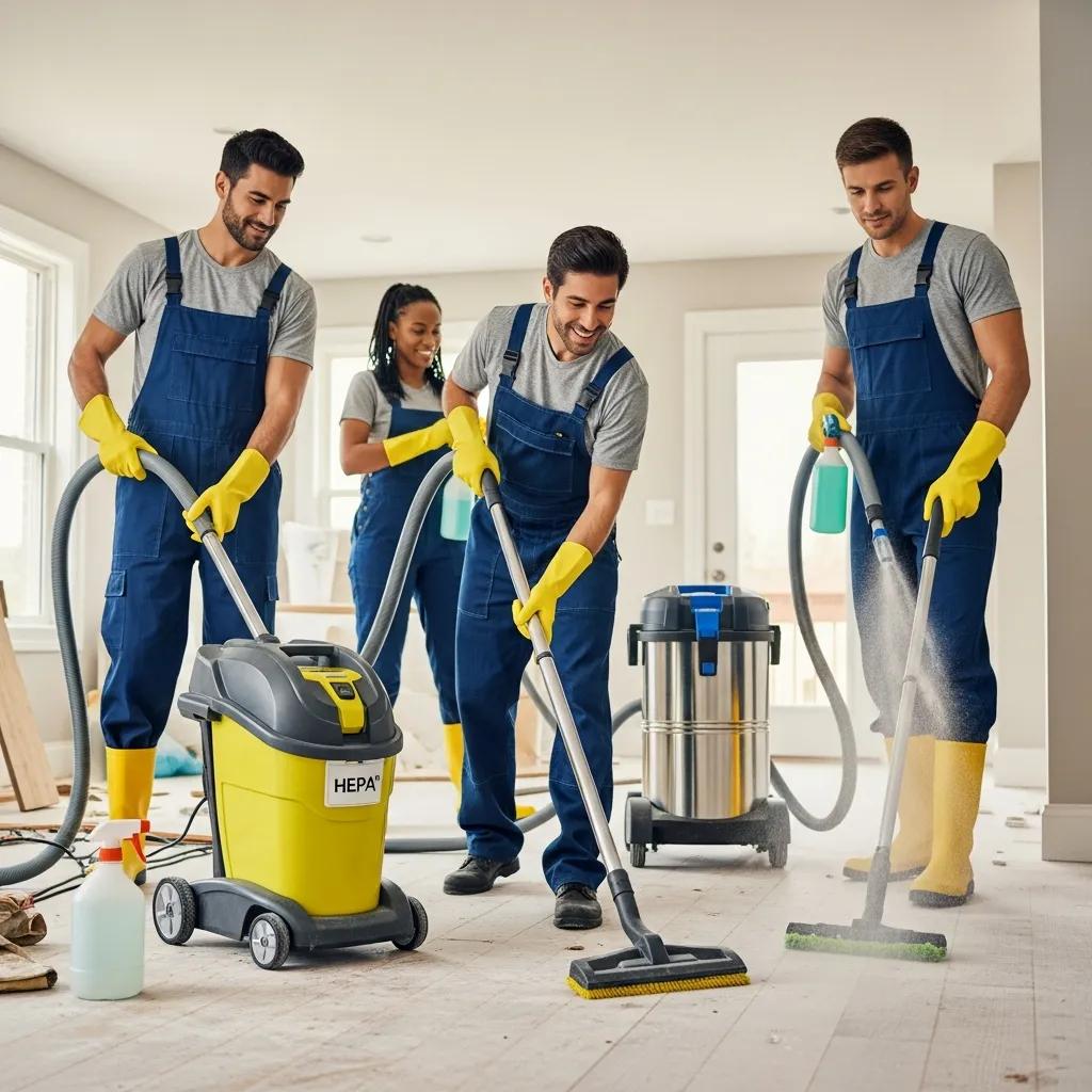 Professional cleaning crew using HEPA vacuums in a renovated home, highlighting post-construction cleaning services