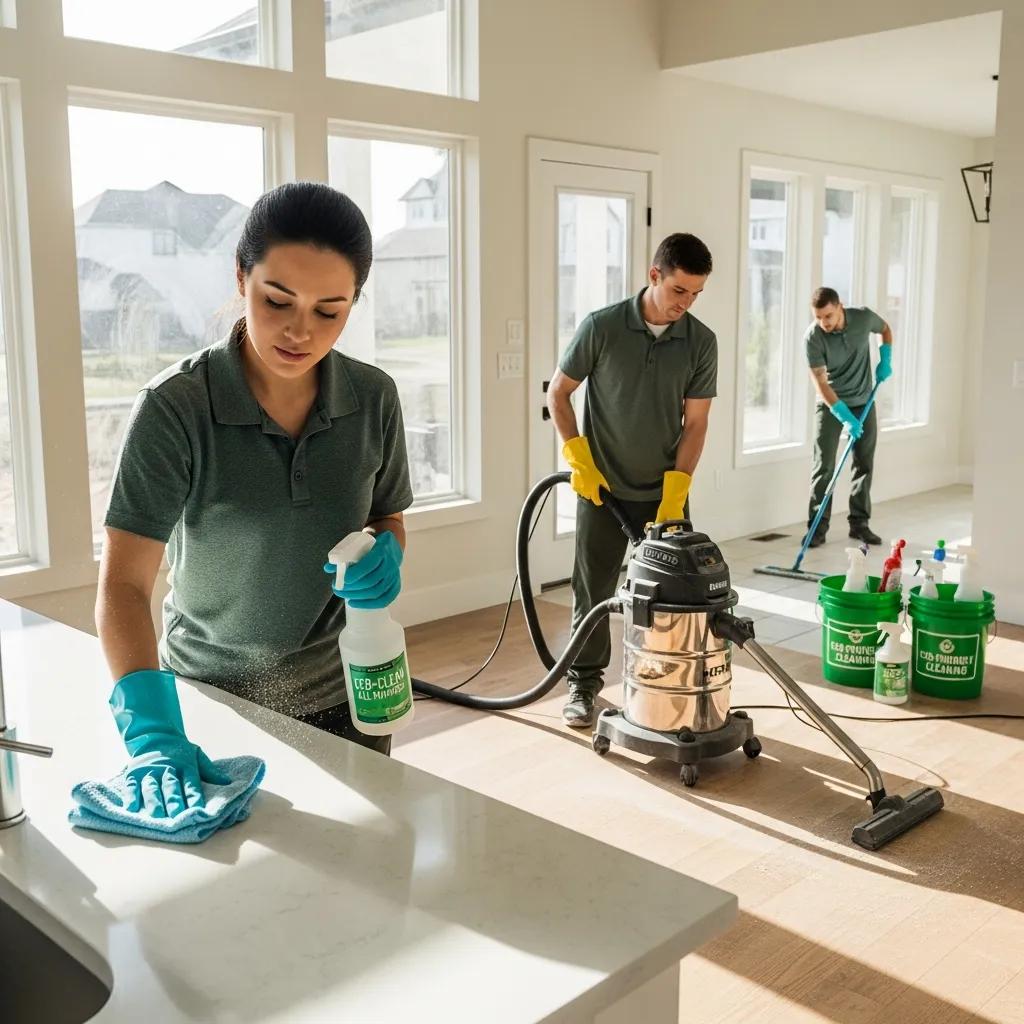 Professional cleaning team performing post construction cleanup in a newly built home
