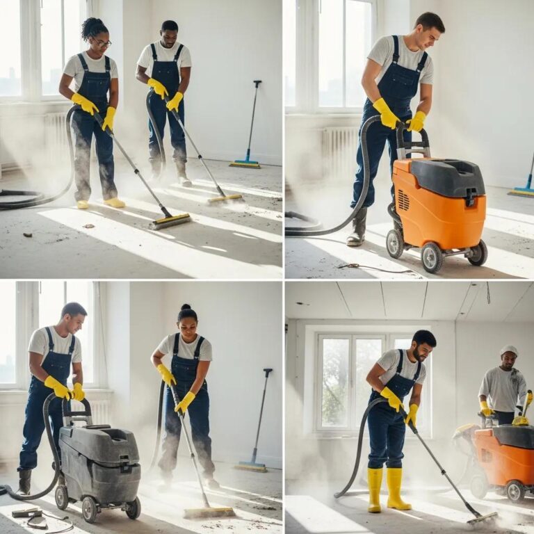 Professional cleaning team using advanced equipment in a newly renovated space, showcasing post-construction cleaning services