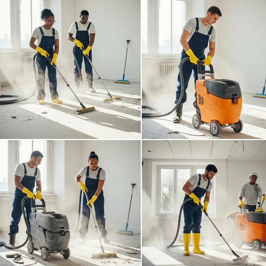 Professional cleaning team using advanced equipment in a newly renovated space, showcasing post-construction cleaning services