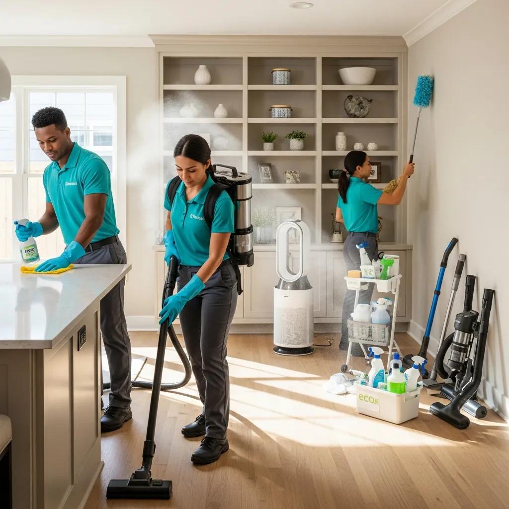 Cleaners using professional equipment during a post-renovation service inside a home