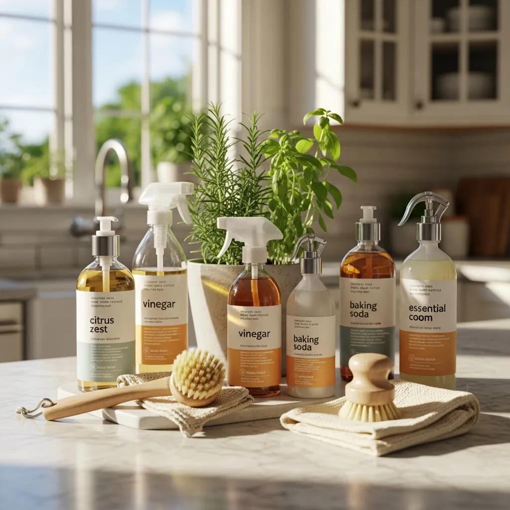 Eco-friendly cleaning products and equipment arranged on a kitchen counter to highlight safe post-construction cleaning practices
