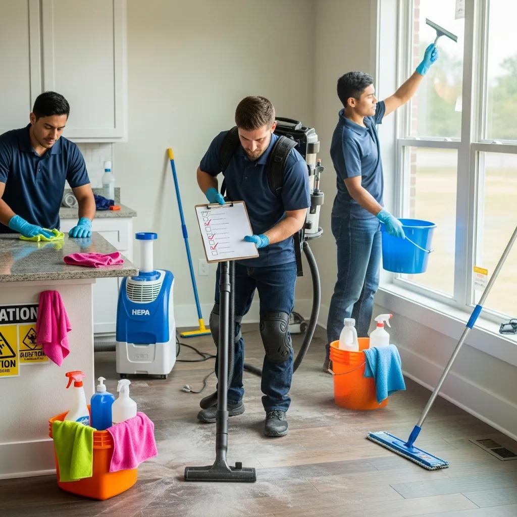 Professional cleaning team following a detailed post-construction checklist