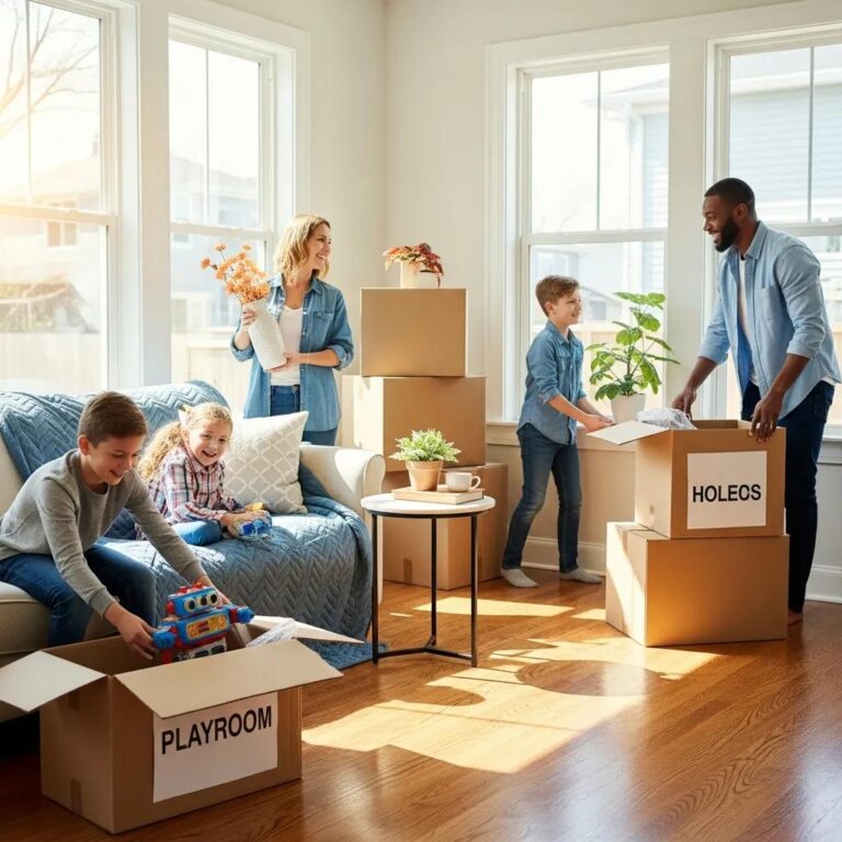 Welcoming interior of a newly renovated home with a family moving in, highlighting post-construction cleaning benefits