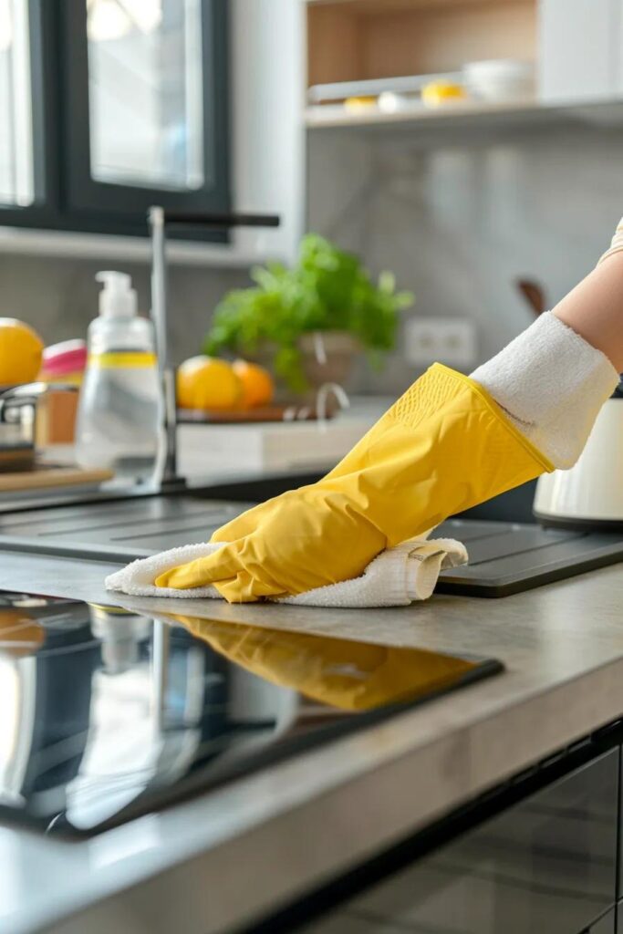 Maid4you professional cleaning a modern kitchen using eco-friendly products