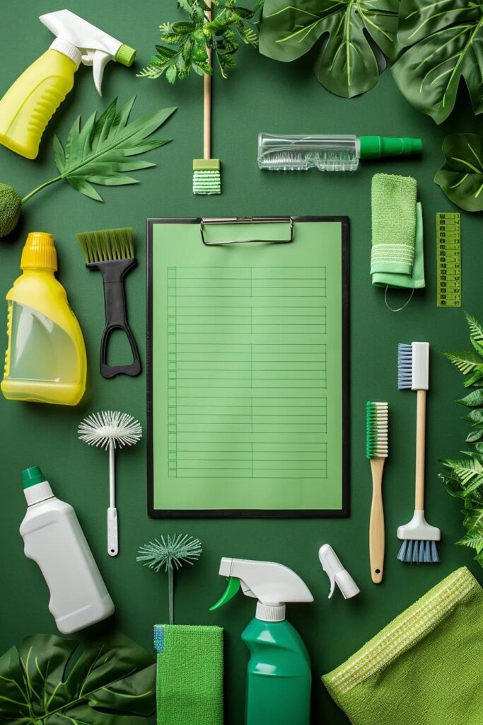 Flat lay of a cleaning checklist with eco-friendly supplies