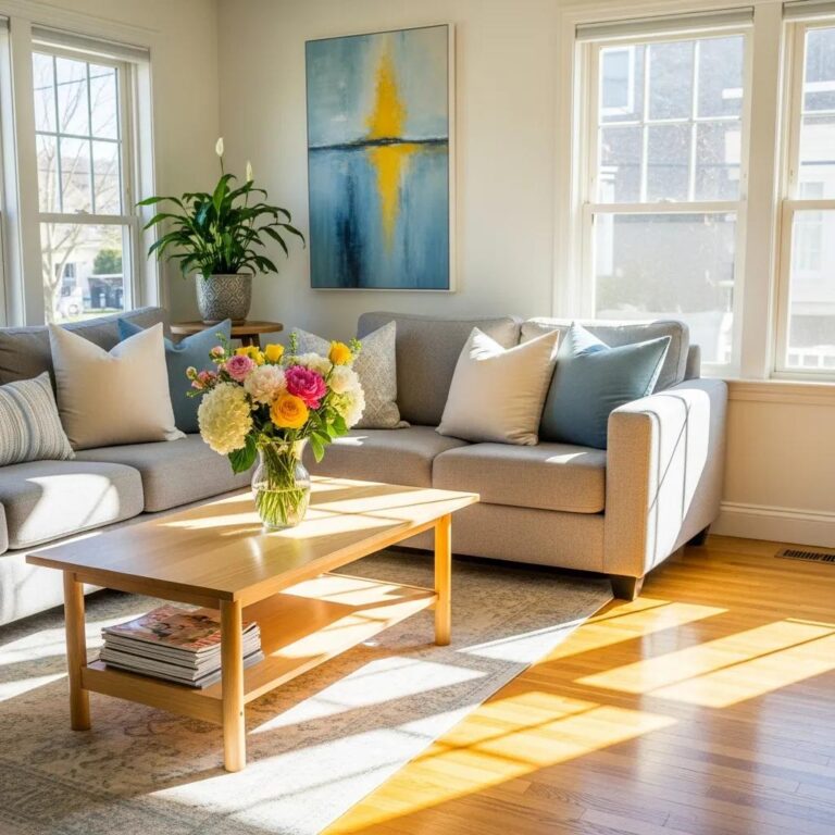 Bright, tidy living room showing the results of an affordable house cleaning