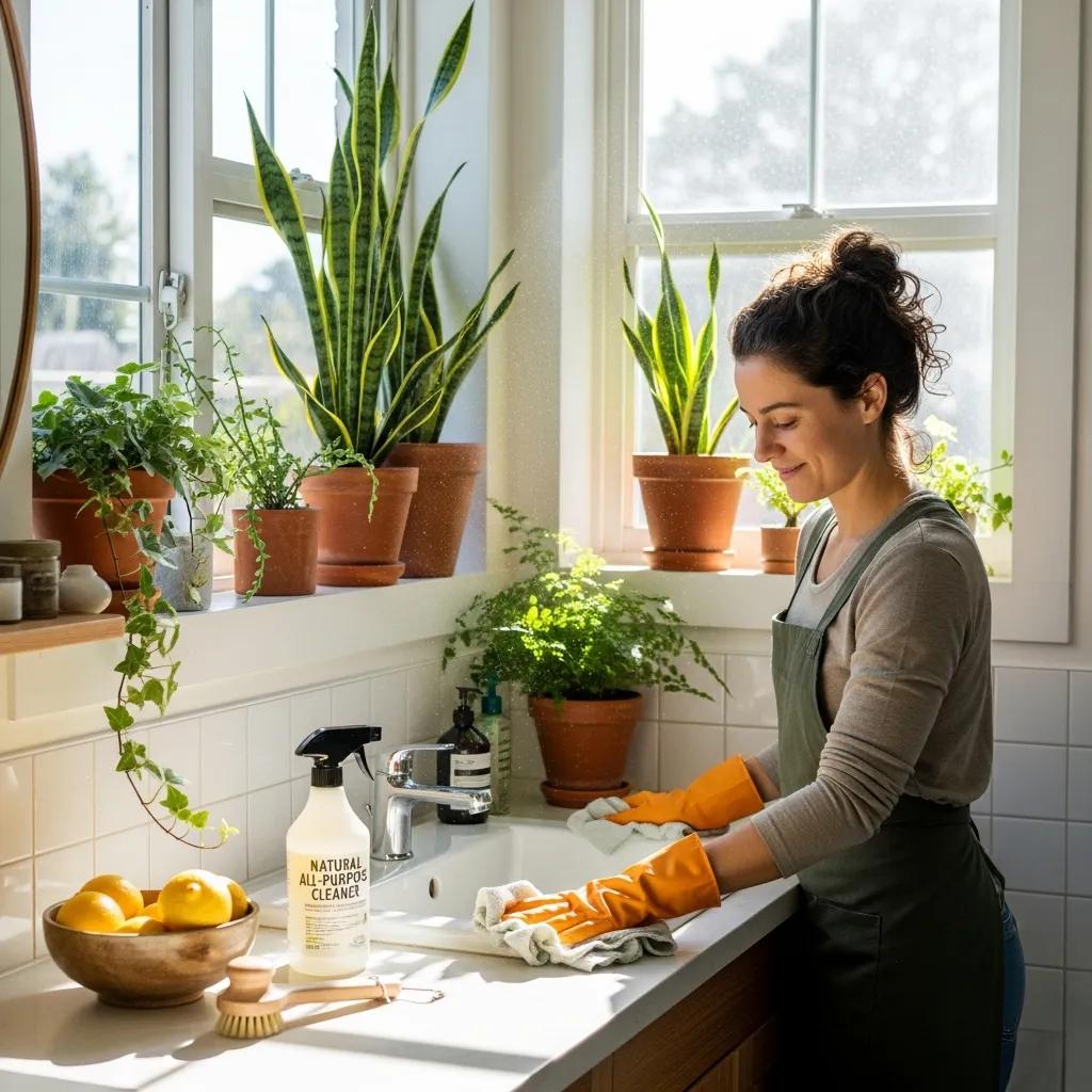 Cleaner using environmentally friendly products in a bright bathroom — safe for family and pets