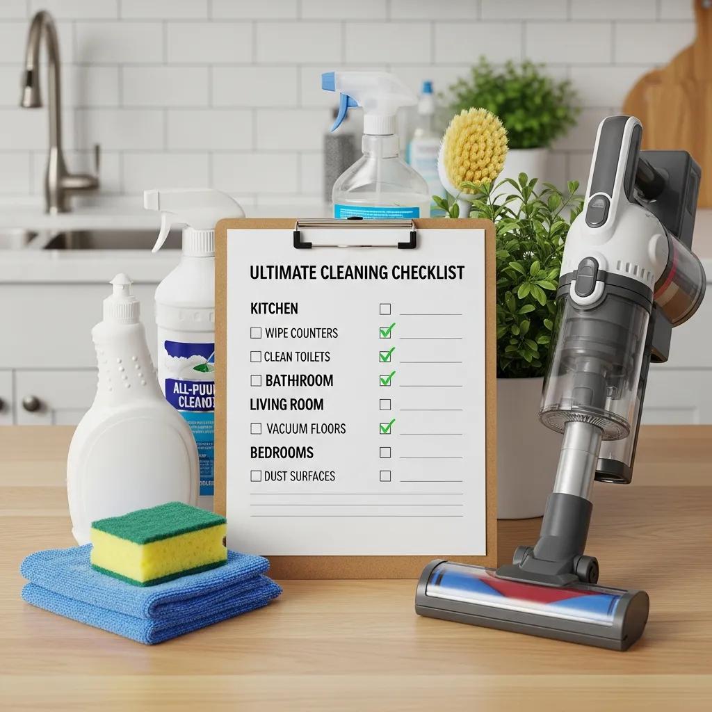 Clipboard checklist with cleaning supplies — an organized plan for consistent home cleaning