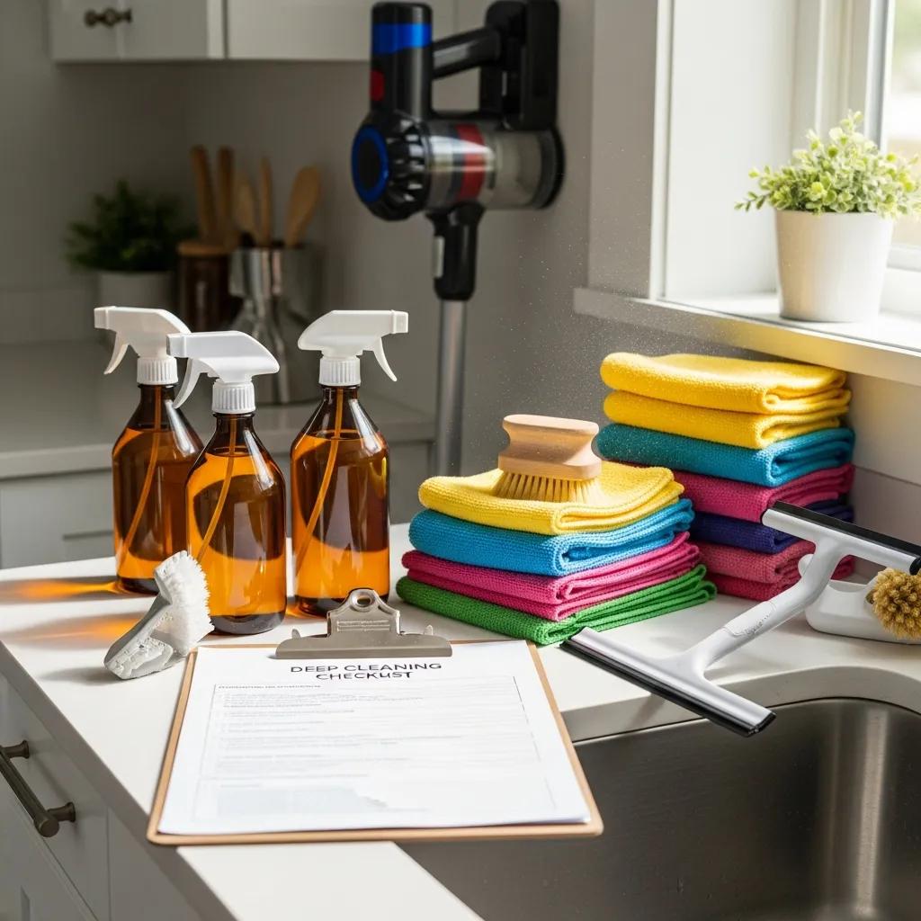 Deep-clean checklist with eco-friendly products on a tidy kitchen counter