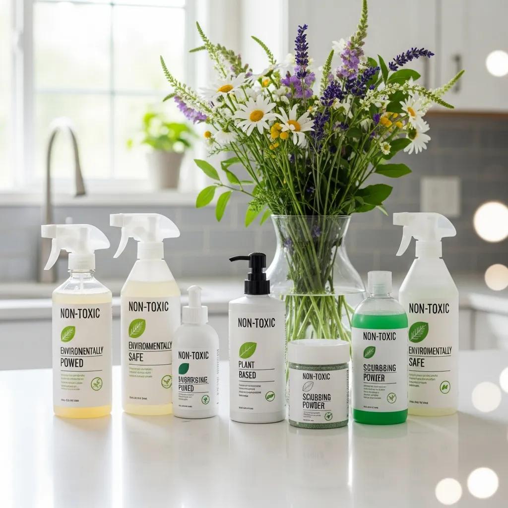 Non-toxic cleaning products arranged in a clean kitchen — safer solutions for home use