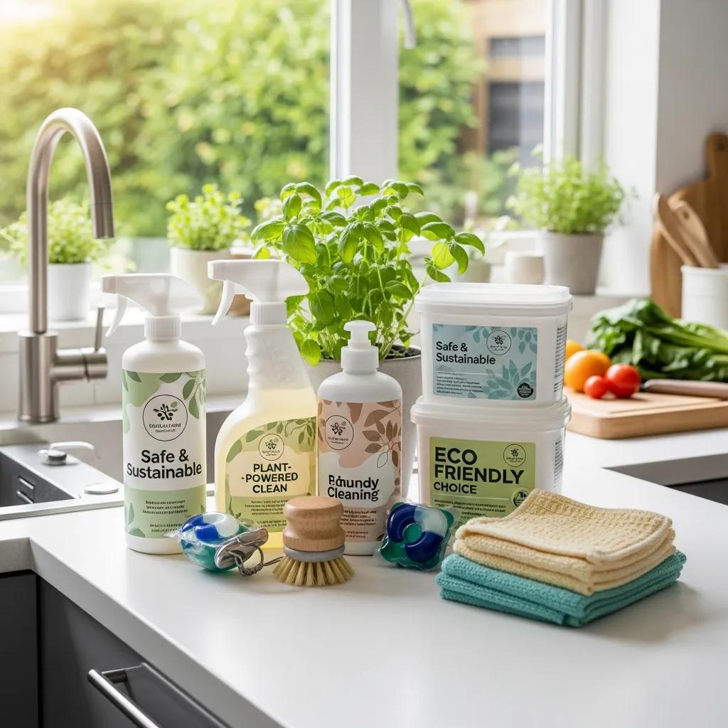 Row of eco-friendly cleaners on a clean kitchen counter