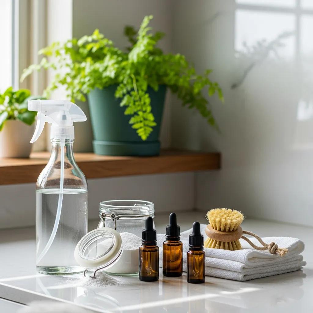 Bottles of eco-friendly cleaning products and tools to show sustainable practices