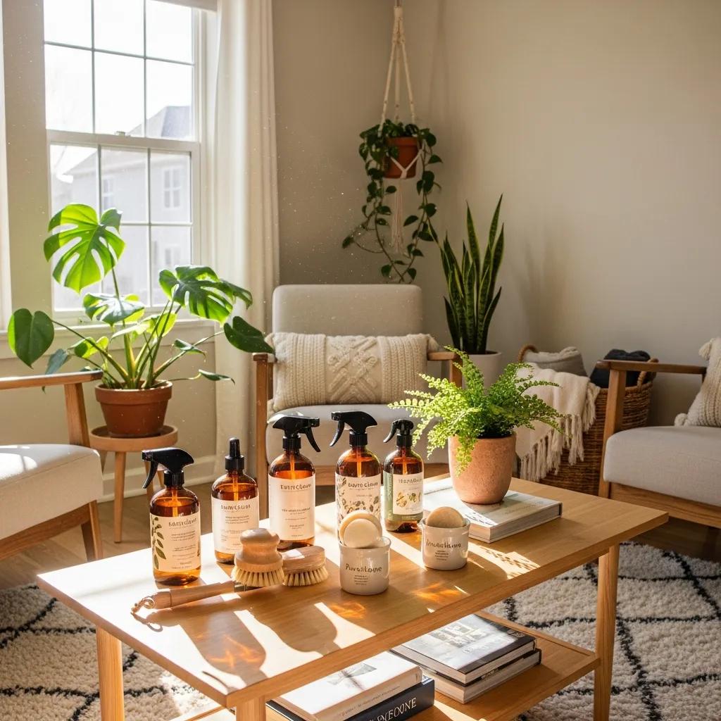 Bright living room with eco-friendly cleaning products — a healthier home for your family