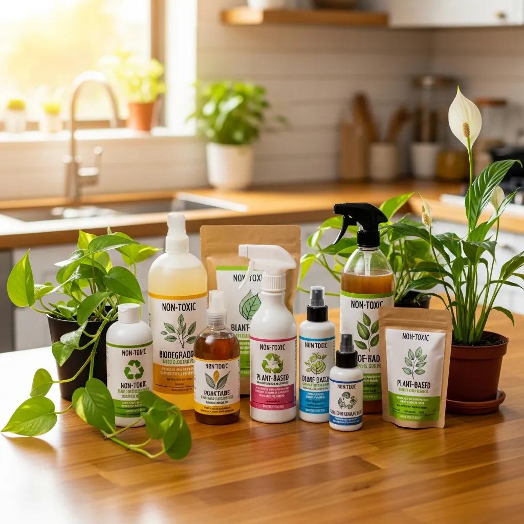 Non-toxic, eco-friendly cleaning products on a kitchen counter — safer for family and the planet
