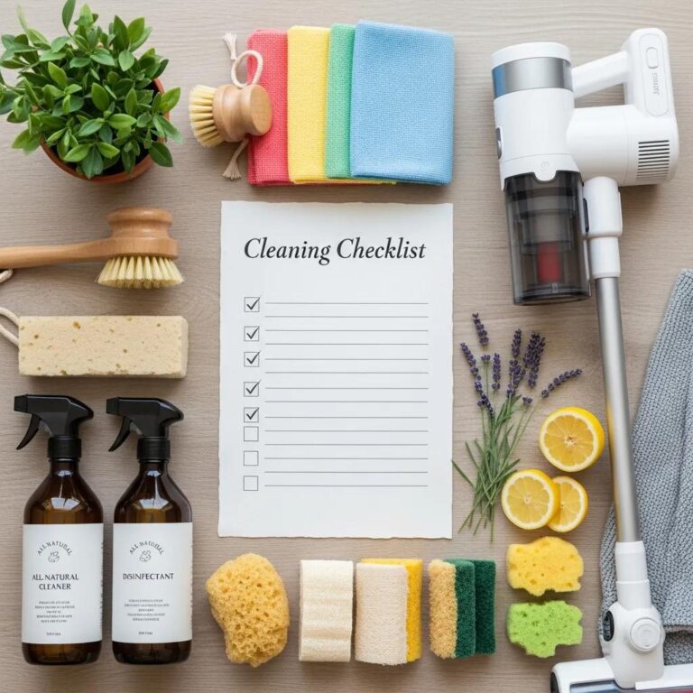 Cleaner using eco-friendly products in a bright living room