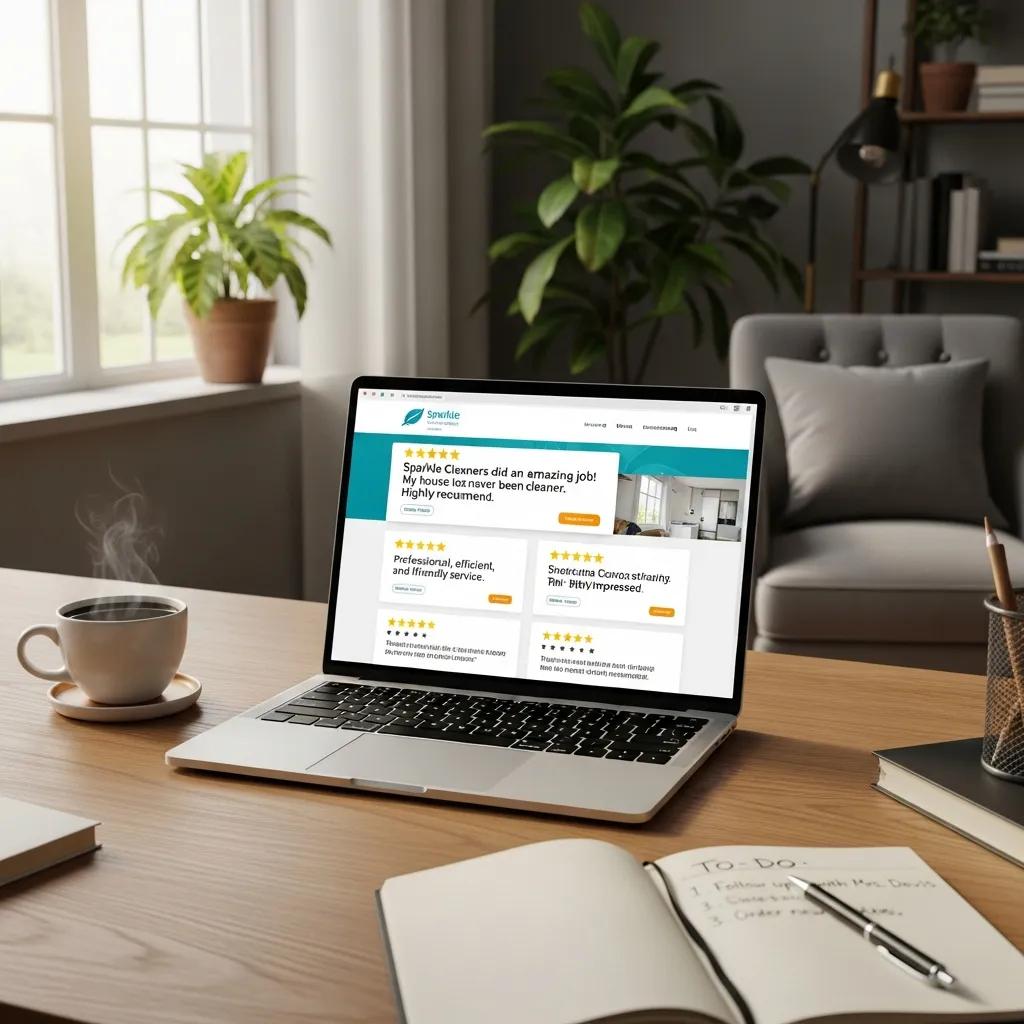 Laptop showing positive customer reviews for a cleaning service
