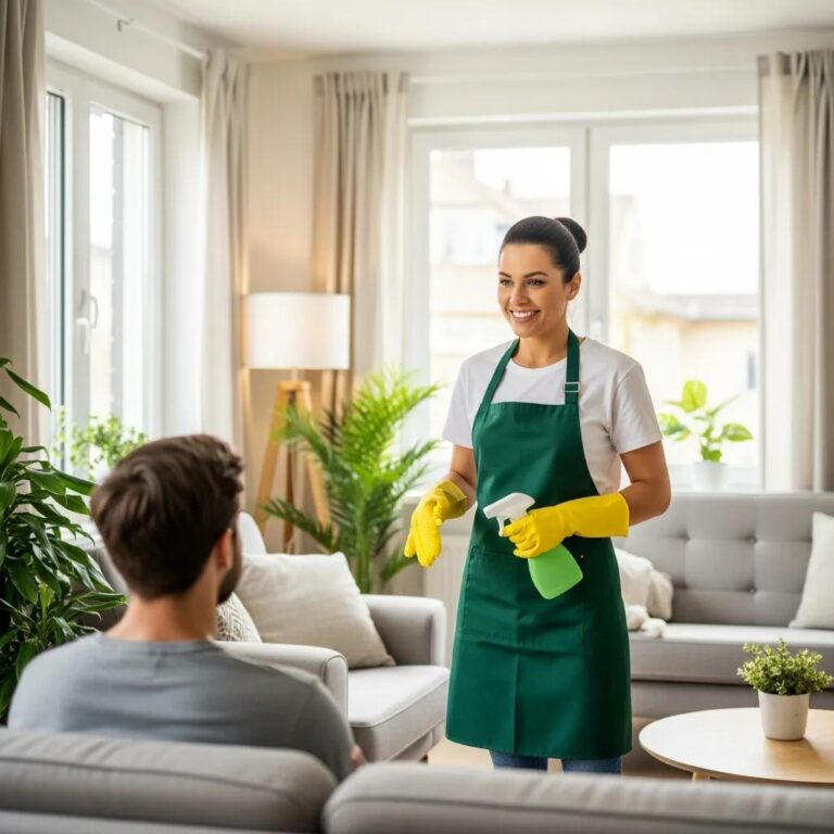 Professional cleaner engaging with a client in a bright, clean living room, showcasing eco-friendly cleaning services