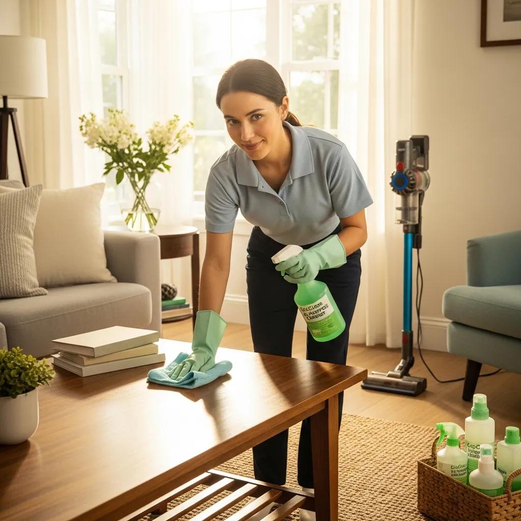 Cleaner tidying a sunlit living room using eco-friendly products — safe, fresh, and welcoming