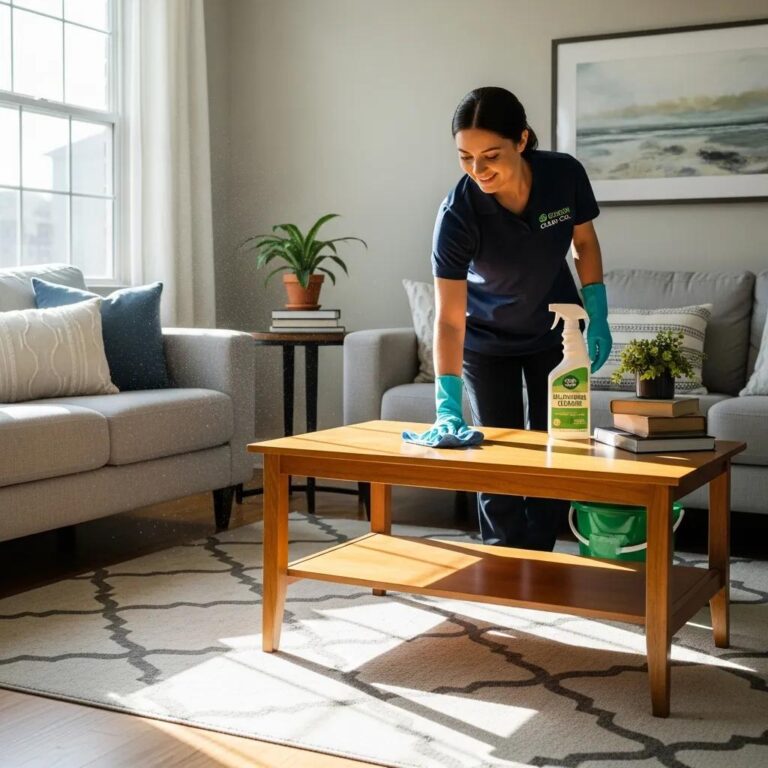 Professional cleaner using eco-friendly supplies in a bright Hayward living room