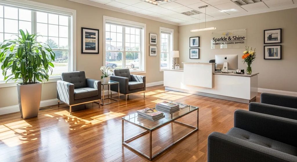 Clean and well-maintained office reception area highlighting the benefits of professional cleaning