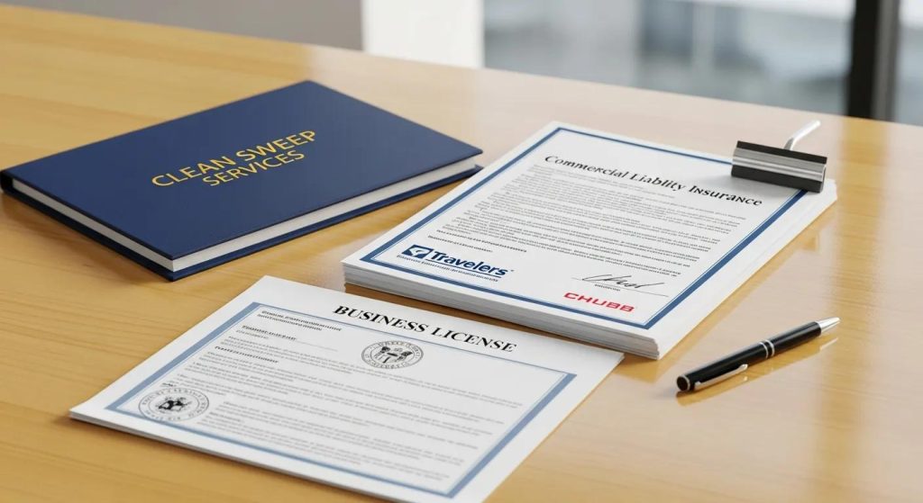Licensing and insurance documents for a reputable commercial cleaning service on a clean desk