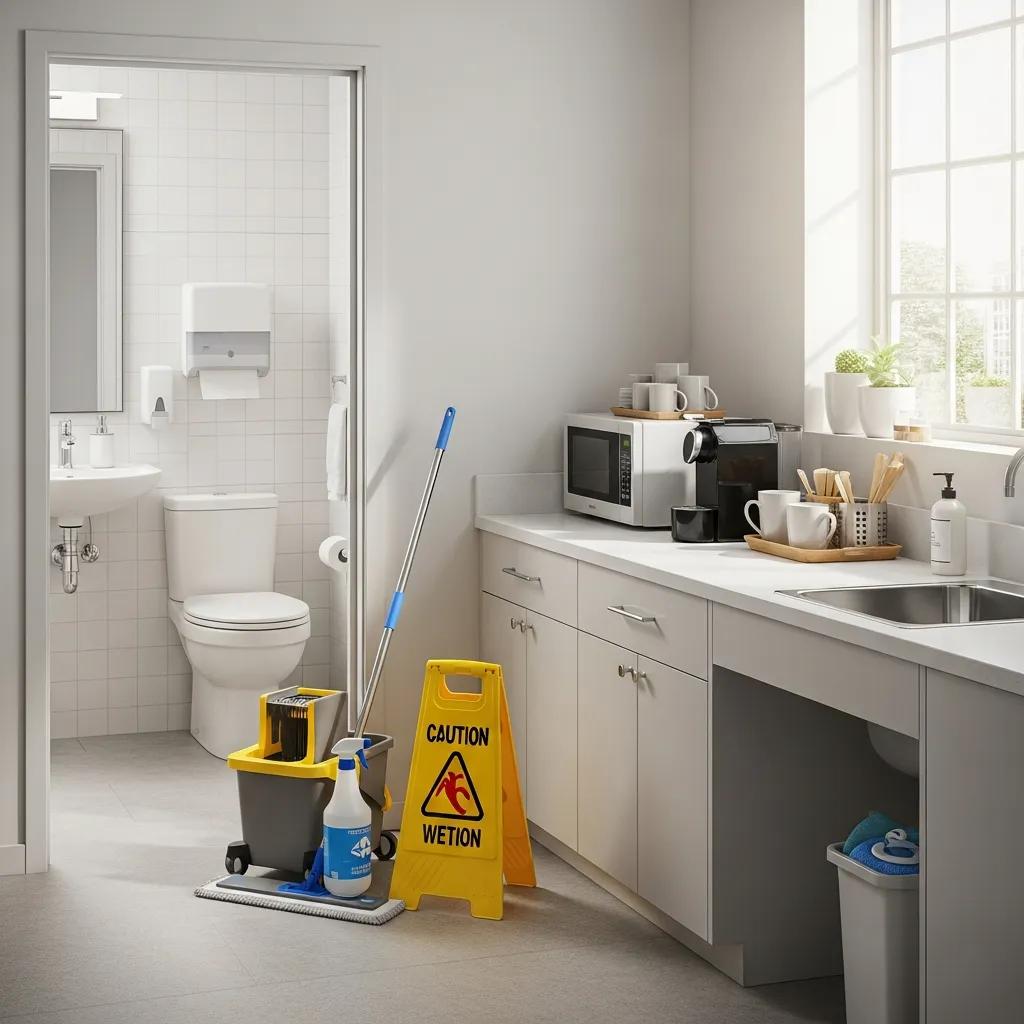 Clean and organized office space showcasing sanitized restroom and kitchenette