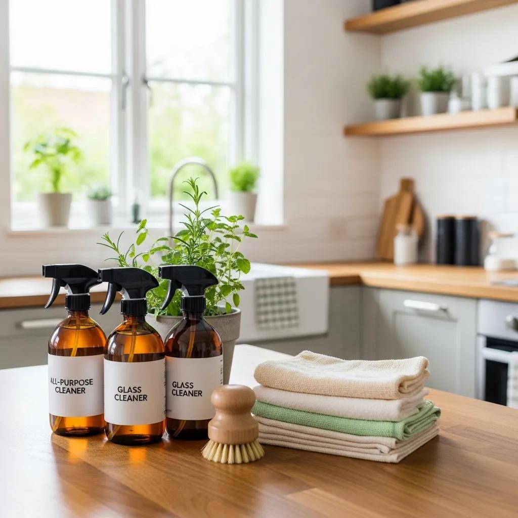 Eco-friendly cleaning products displayed in a clean kitchen environment promoting sustainability
