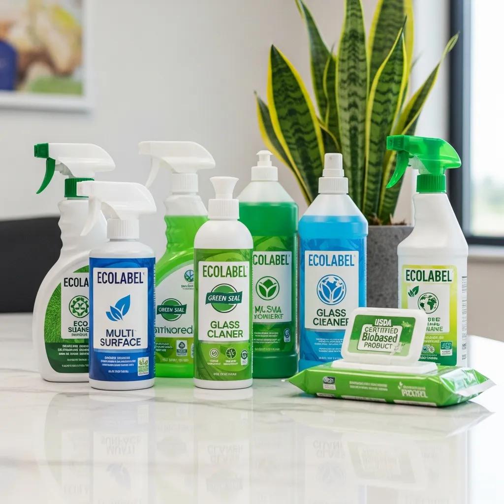 Eco-friendly cleaning products with green certifications on an office countertop