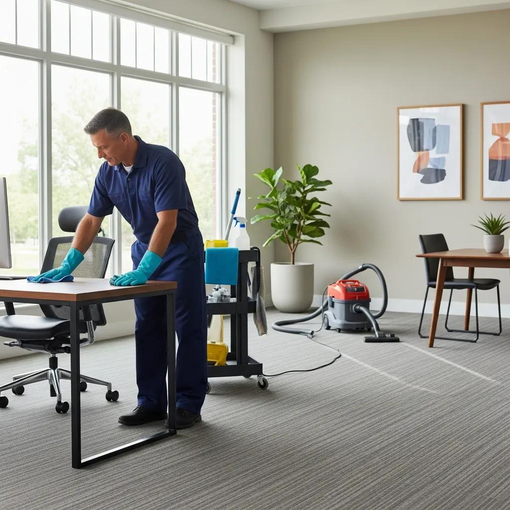 Janitor cleaning office surfaces and vacuuming carpets in a well-organized workspace