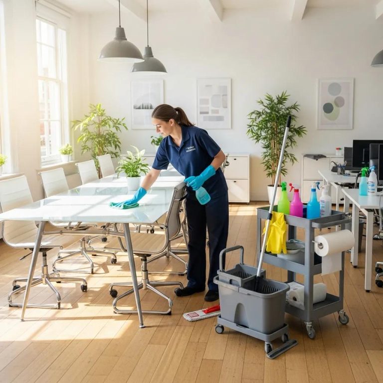 Professional cleaner in a bright office space with cleaning supplies, emphasizing hygiene and safety