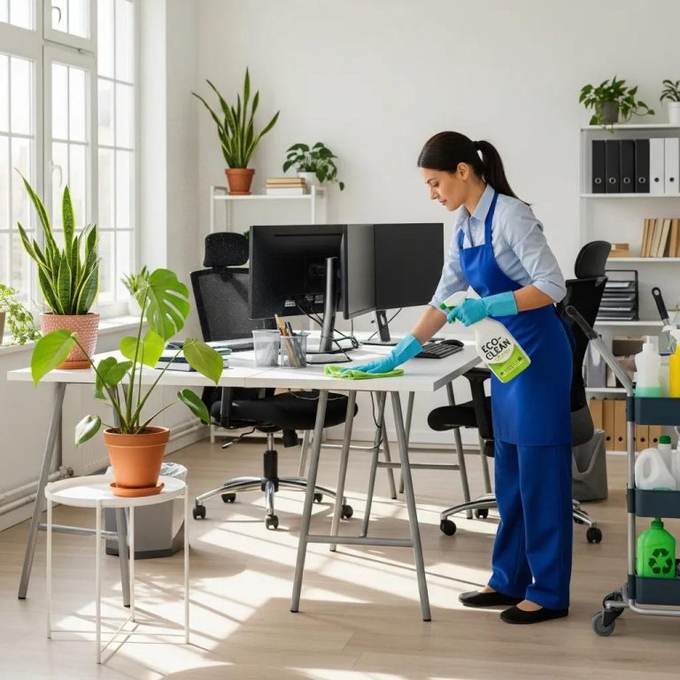 Professional cleaner in a bright office using eco-friendly products
