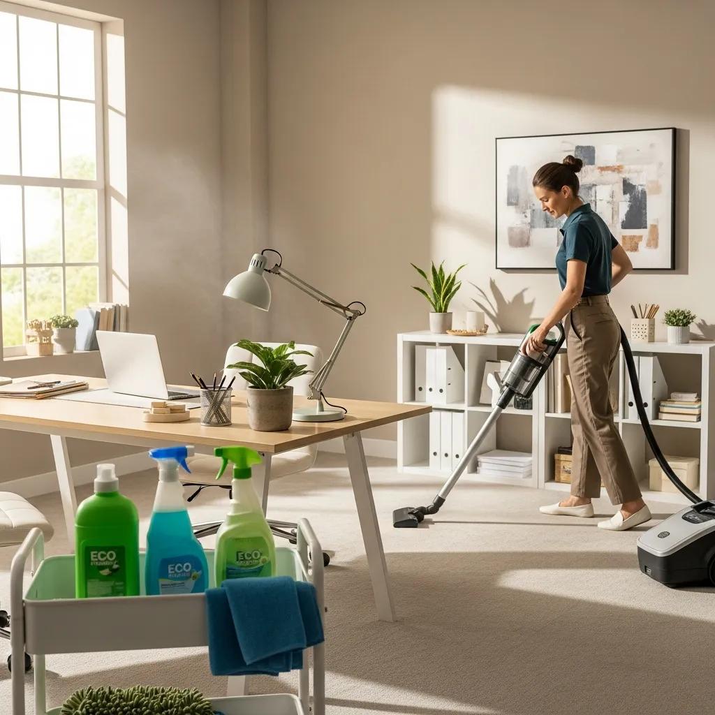 Professional cleaner in a bright office using eco-friendly products
