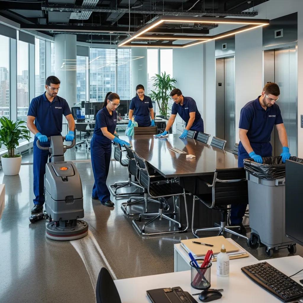 Professional cleaning team demonstrating effective commercial cleaning services in an office setting